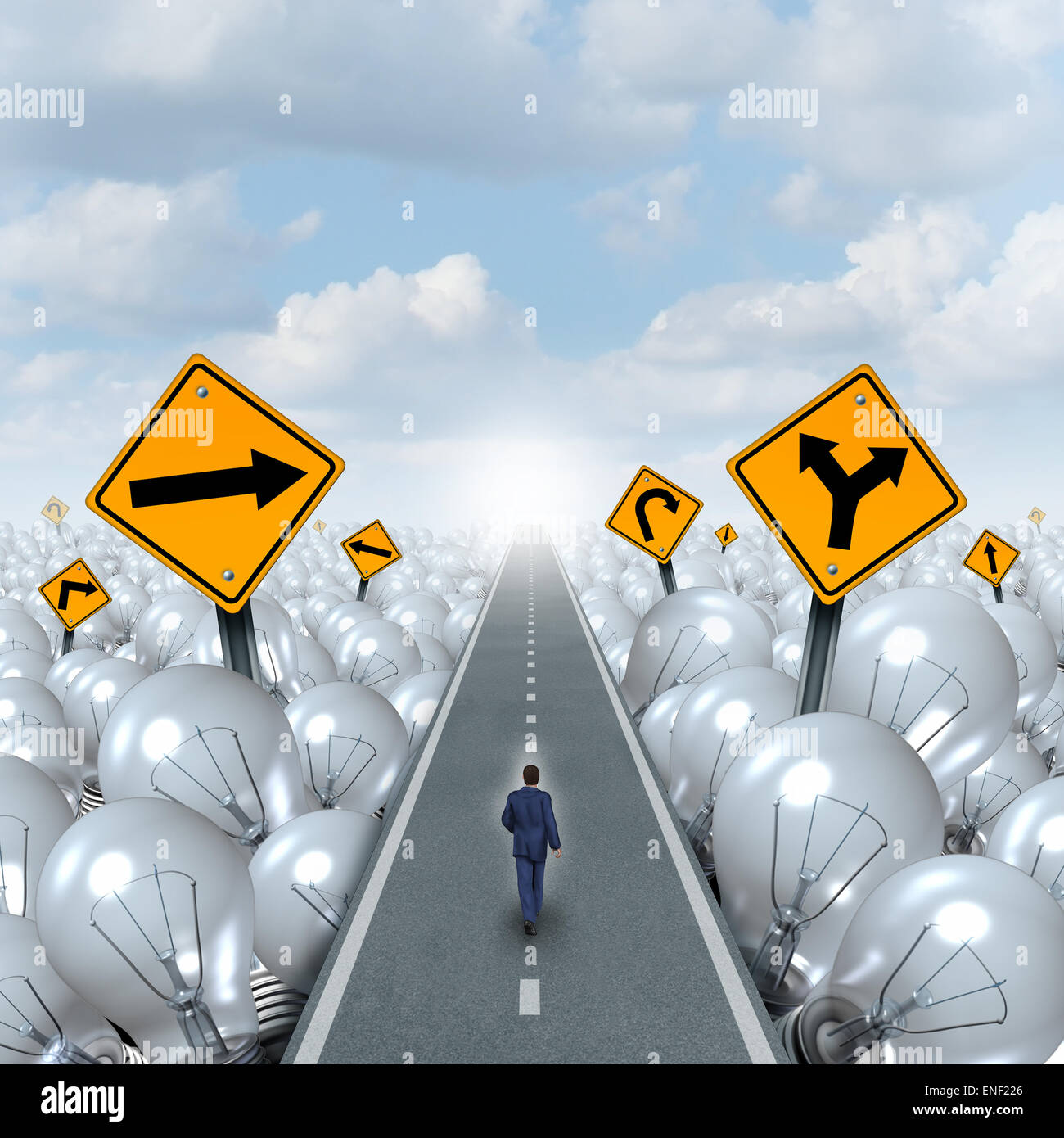 Lightbulb road and Idea path and creative pathway business concept as a businessman walking through a highway as a light bulb group with traffic signs as a symbol and metaphor for innovation success leadership. Stock Photo