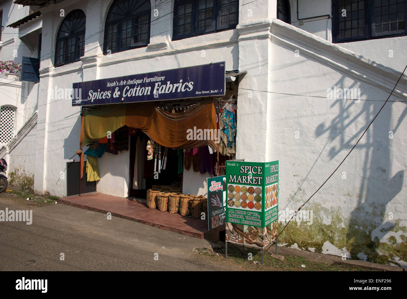 A small shop selling sacks of spices at Fort Cochin in Kochi, Kerala, India Stock Photo