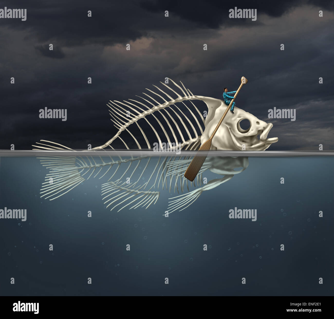 Resourcefulness recovery and ability business concept and managing a financial or environmental disaster crisis as a salvaging businessman on a fish skeleton rowing with a boat paddle towards new opportunities or climate change solution. Stock Photo