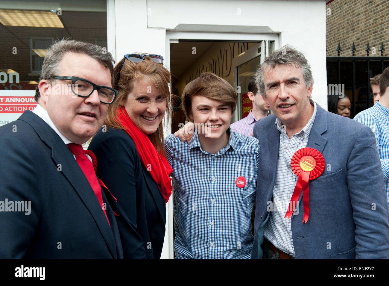 London, UK. 4th May, 2015. Steve Coogan Tom Watson '72 Hours to Save NHS GOTV Tour' for Labour Party with Sarah Jones Labour Candidate for Croydon Central and Jack SLater social Media Labour activist. Credit:  Prixpics/Alamy Live News Stock Photo