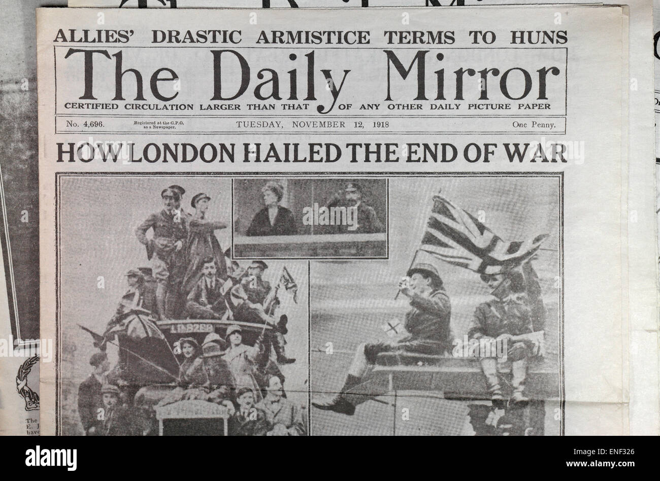 Reproduction Daily Mirror newspapers following the the end of World War
