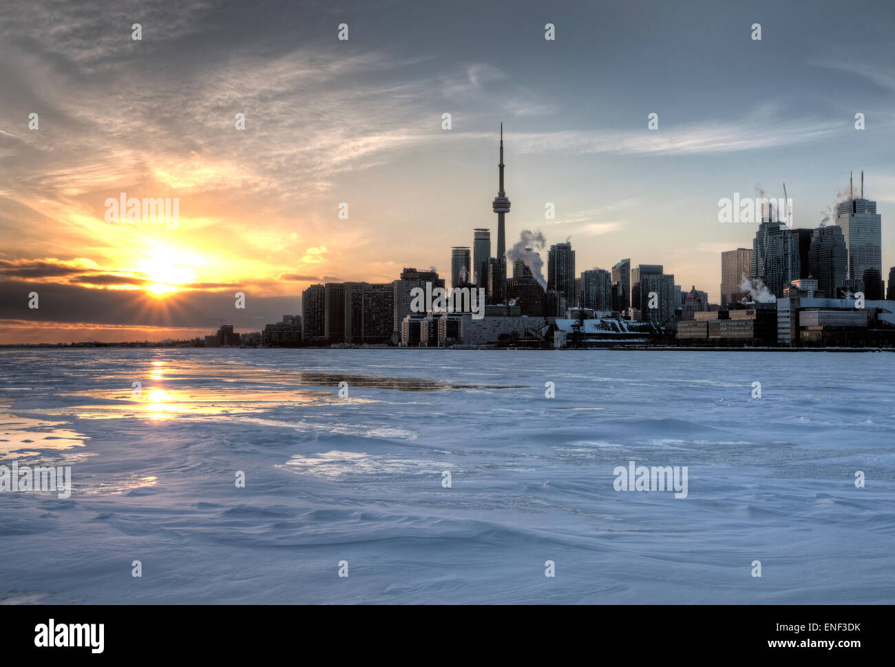 Toronto Ontario from Polson Pier in Winter at sunset Stock Photo