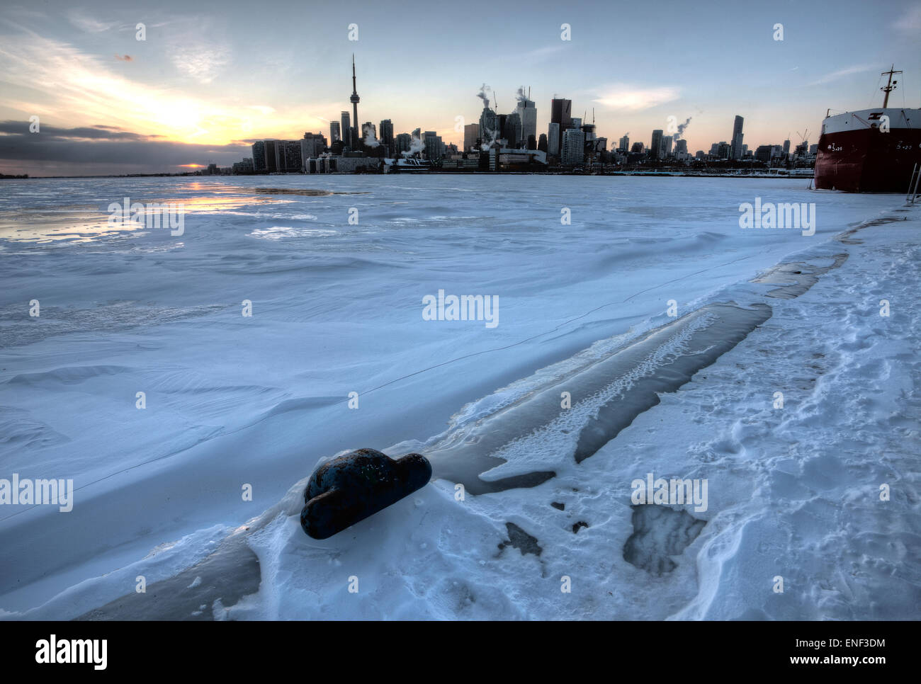 Toronto Ontario from Polson Pier in Winter at sunset Stock Photo