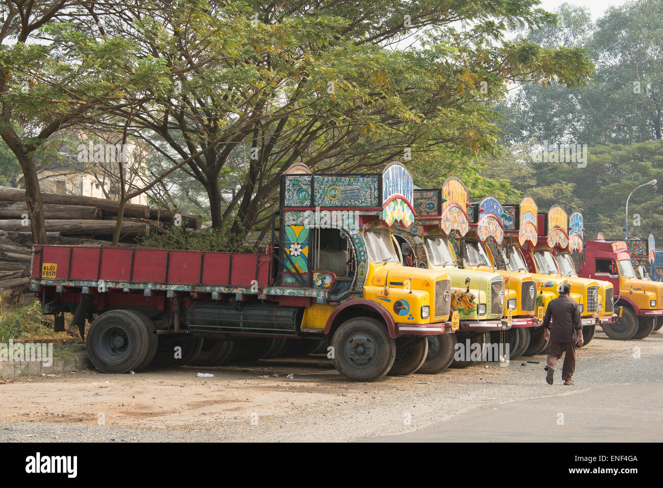 A long fleet of hand-painted Tata lorries parked at a logging yard in Kochi, Kerala, India.   It cost between !50,000- 200,00 I Stock Photo