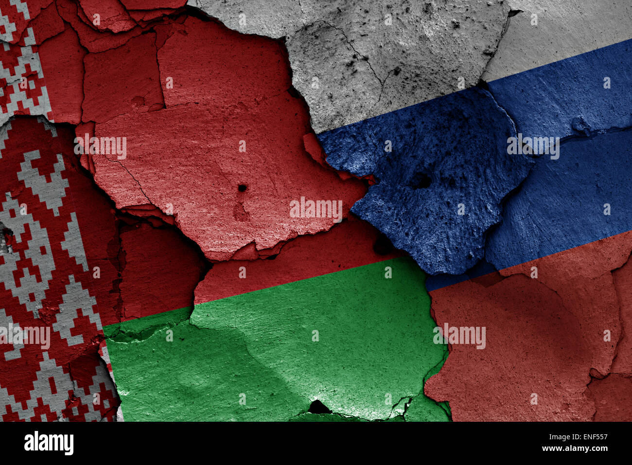 flags of Belarus and Russia painted on cracked wall Stock Photo