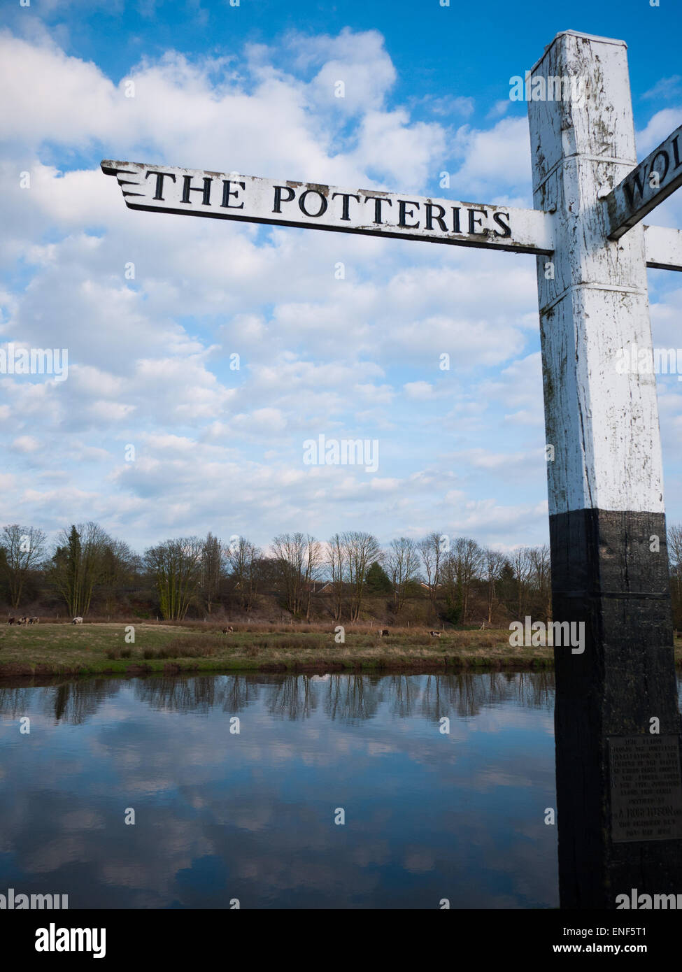 Wooden direction signpost to the Potteries Stock Photo