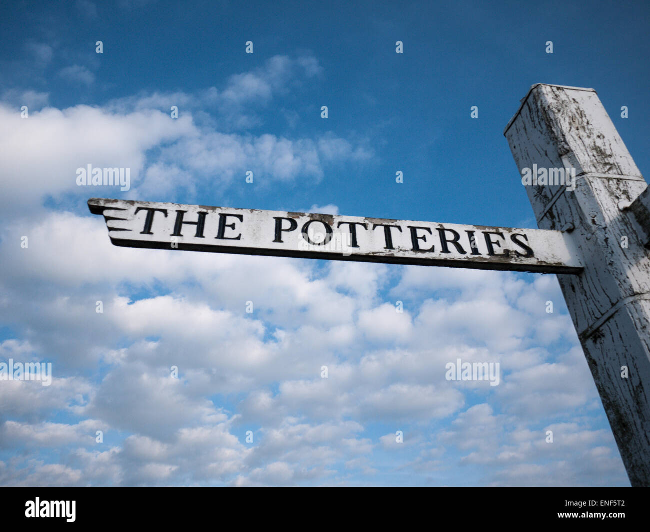 Wooden direction signpost to the Potteries Stock Photo