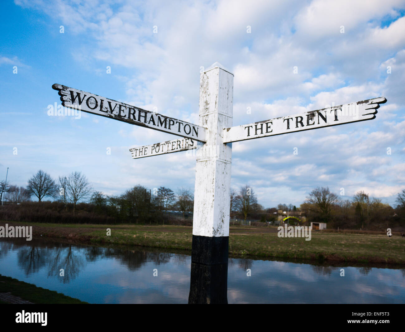 Wooden direction signpost to the Potteries, Wolverhampton and the Trent Stock Photo