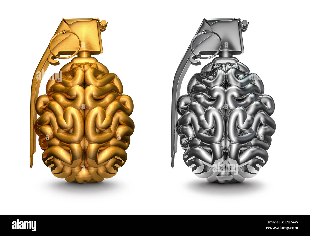 3D render of brain as grenade in gold and silver Stock Photo