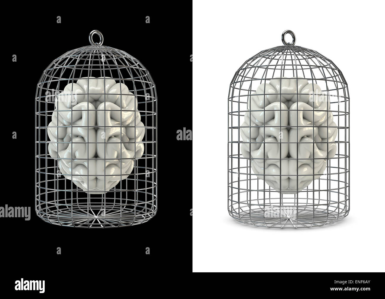 3D render of human brain in cage Stock Photo
