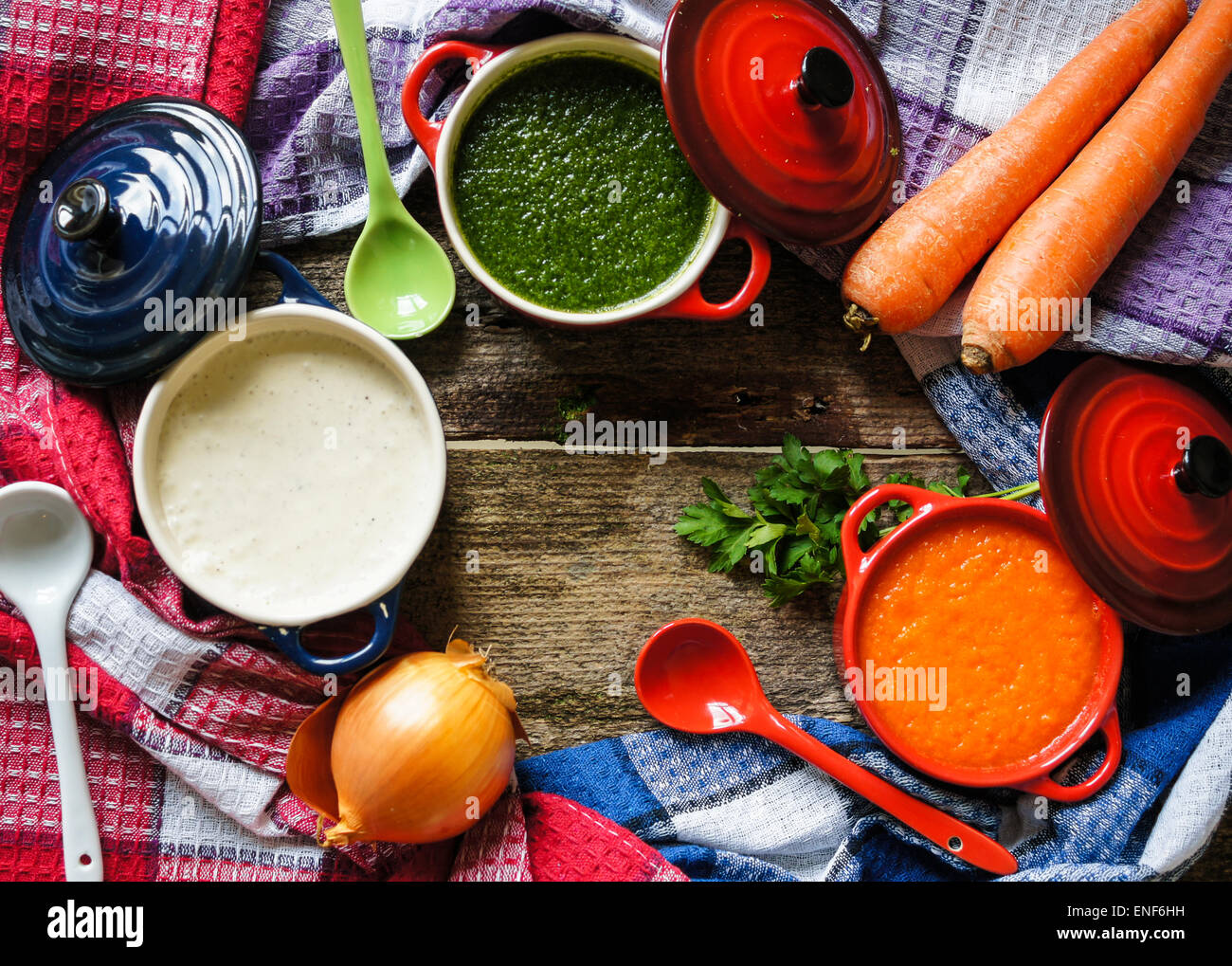 Different kinds of soups sprinach soup, french onion creamsoup and