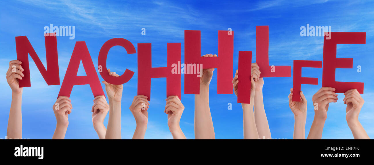 People Hold Word Nachhilfe Means Coaching Blue Sky Stock Photo