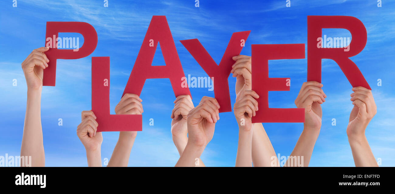 Many People Hands Holding Red Word Player Blue Sky Stock Photo - Alamy