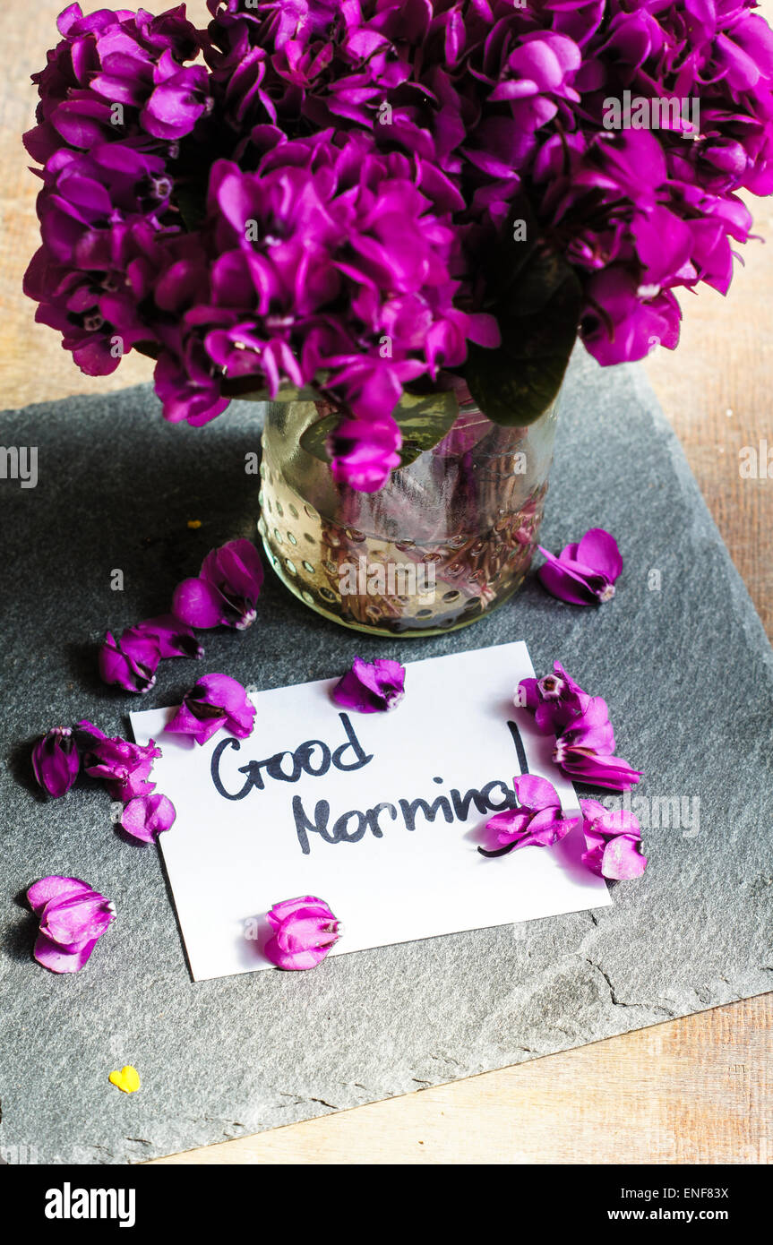 First spring flowers on the table with good morning note Stock Photo