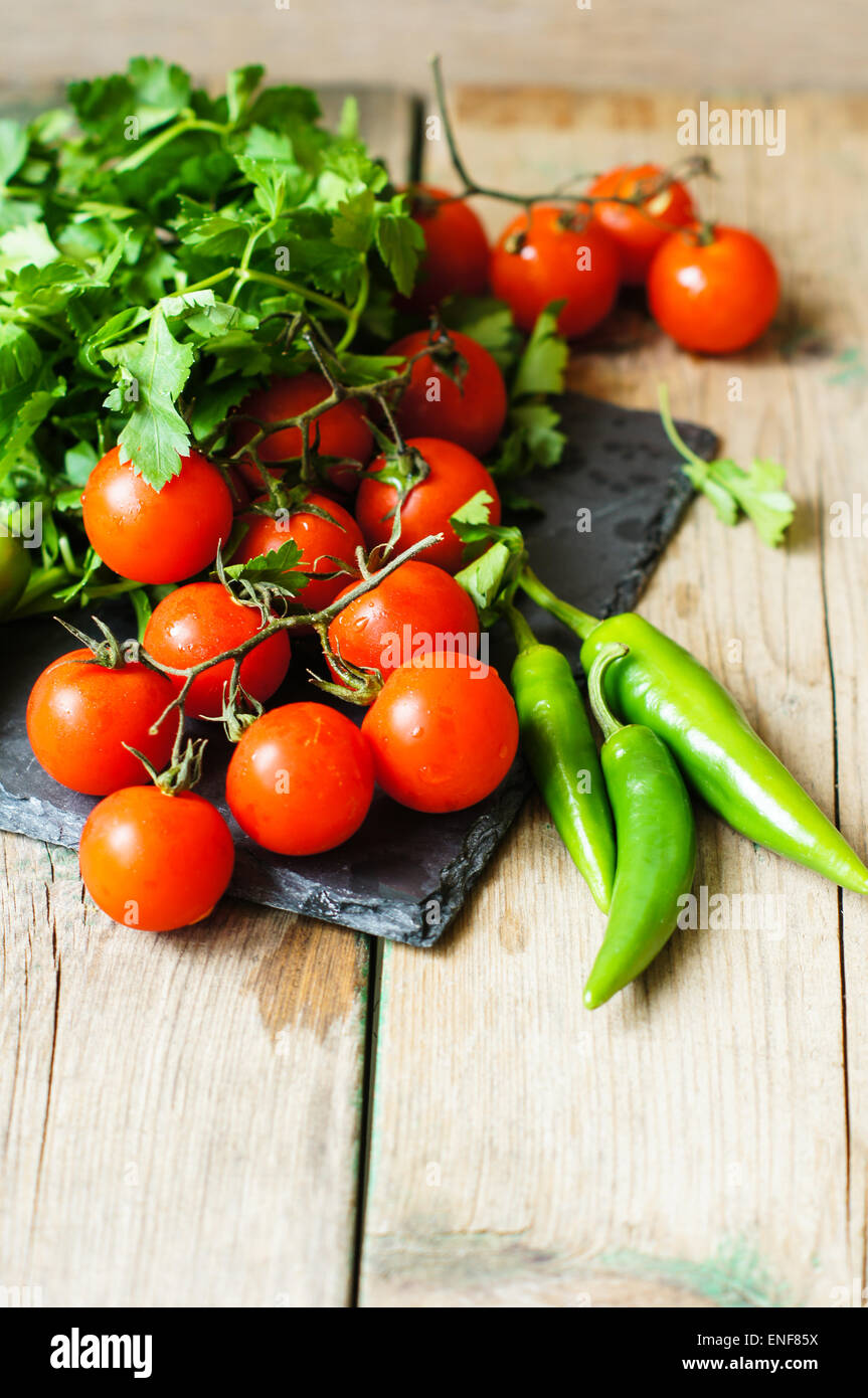 Fresh vegetables on the old wooden table Stock Photo