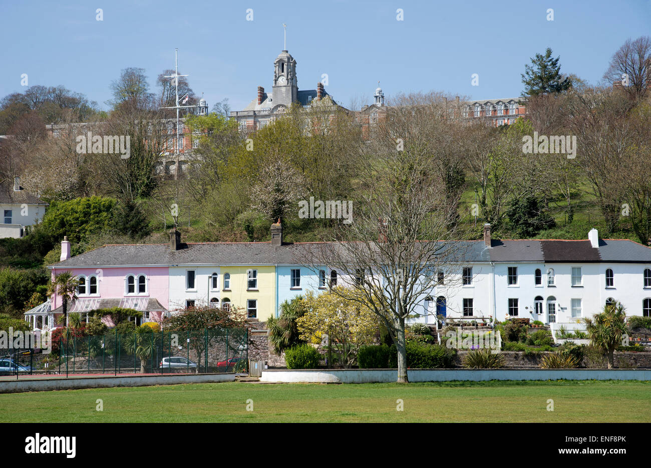 Britannia Royal Naval College and colourful terraced houses in Dartmouth Devon UK Stock Photo