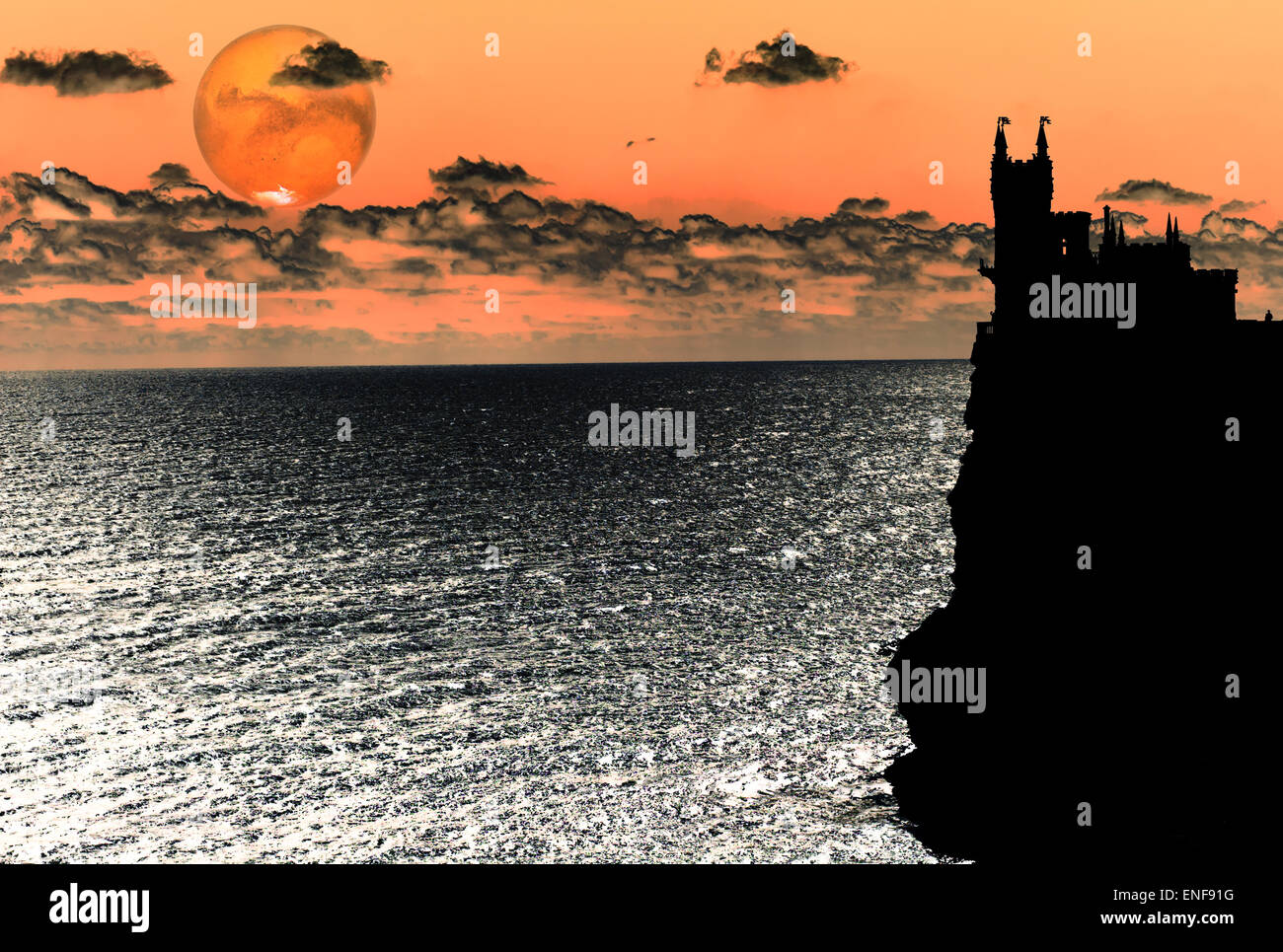 Castle and see - night landscape on a strange planet. Stock Photo