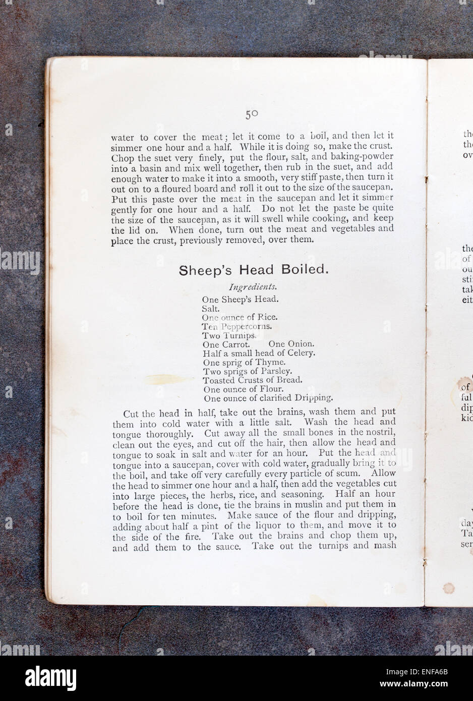 Sheeps Head Boiled Recipe from Plain Cookery Recipes Book by Mrs Charles Clarke for the National Training School for Cookery Stock Photo