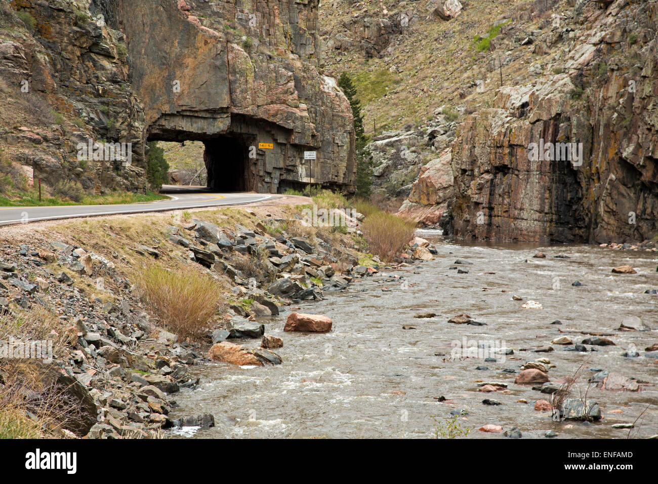 Poudre Park, Colorado - A tunnel on state route 14 along the Cache La Poudre River. Stock Photo