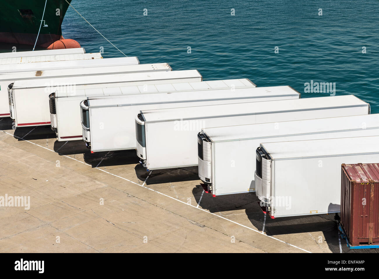 Reefer containers waiting to board at the port of Barcelona, Catalonia, Spain Stock Photo