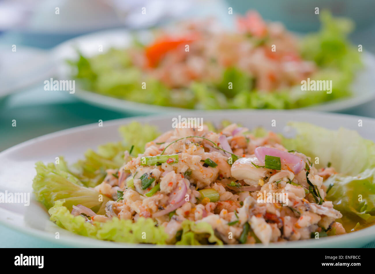 minced fish and mix vegetables , spicy salad Stock Photo
