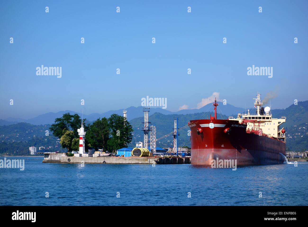 Oil tanker in Batumi oil terminal on a sunny summer day in Batumi, Georgia. Stock Photo
