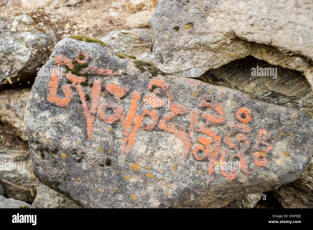 Old Mani Stones inscribed with a Buddhist mantra in the Himalaya region, Nepal Stock Photo