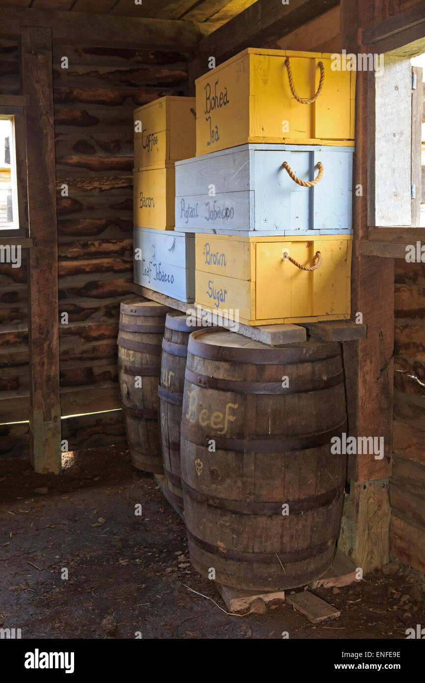 Food supplies in storage at fort Loudoun state park, TN, historic French and Indian war site. Stock Photo