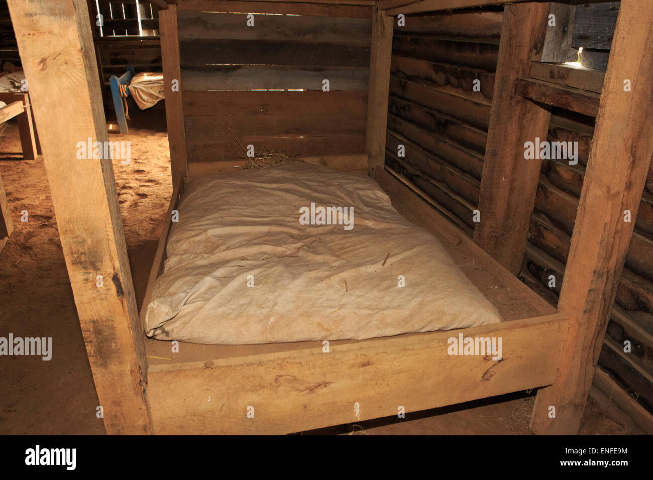 Bed and straw bedding in the barracks of Fort Loudoun State Part, historical French and Indian war site. Stock Photo
