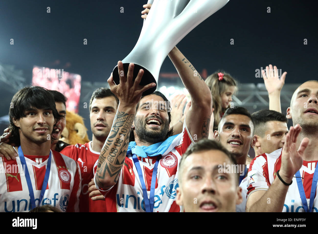 Athens, Greece. 03rd May, 2015. Award ceremony for winning the 42nd championship by Olympiacos FC. This year is the 17th title in the last 19 years. At Faliro, near Athens on Sunday. © Panayiotis Tzamaros/Pacific Press/Alamy Live News Stock Photo