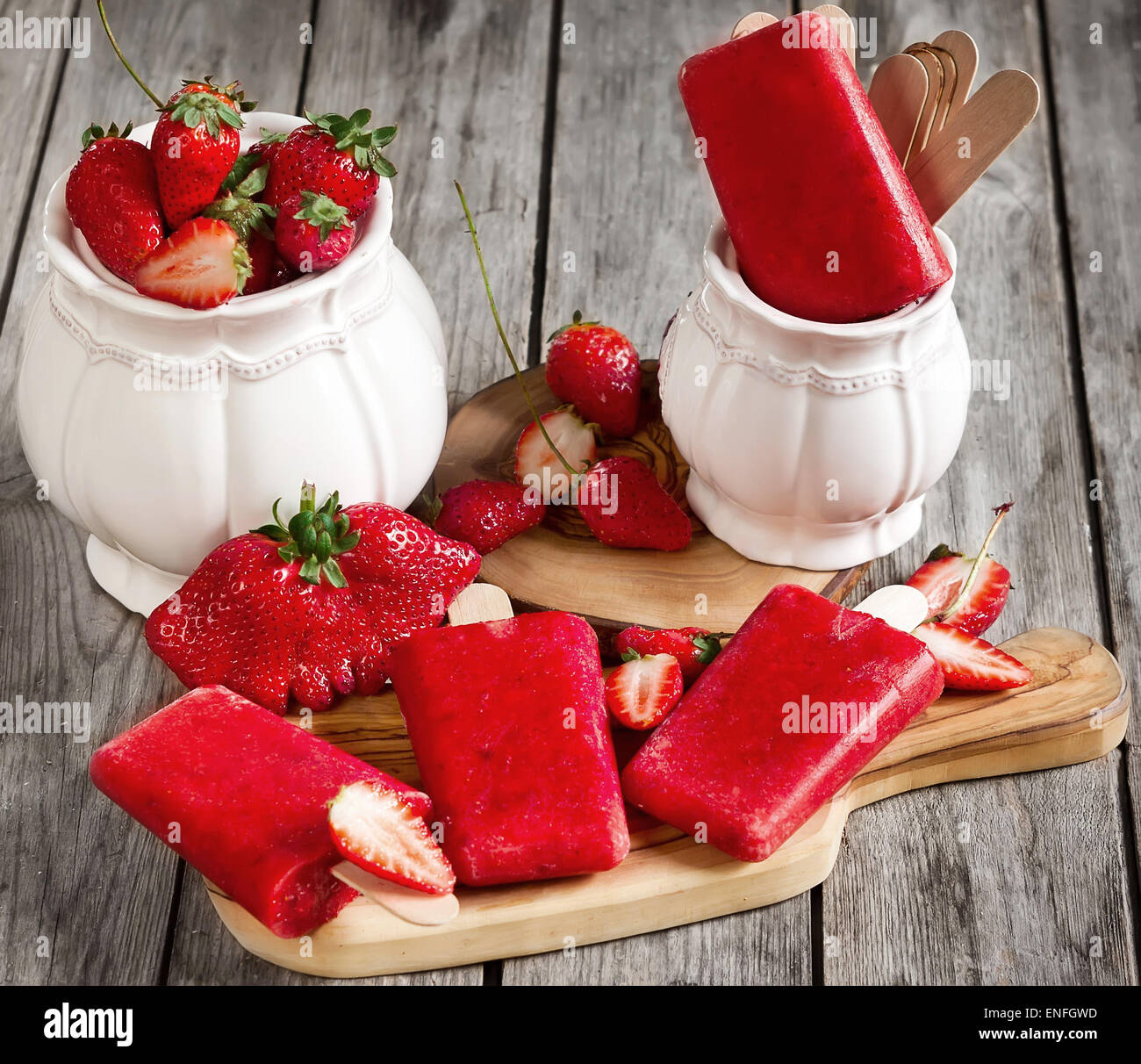 Strawberry homemade ice pops - popsicles - with fresh ripe berries Stock Photo