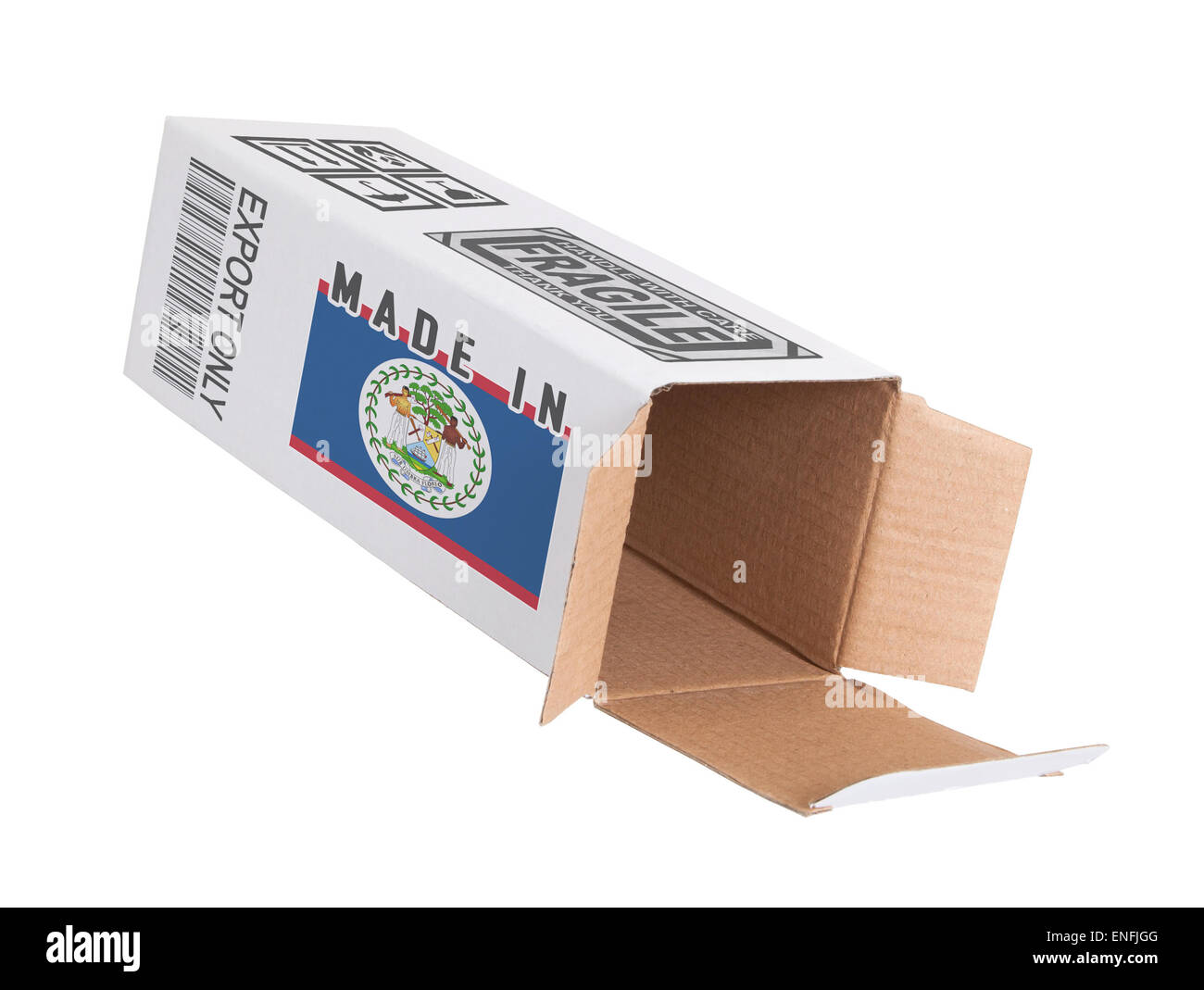 Concept of export, opened paper box - Product of Belize Stock Photo