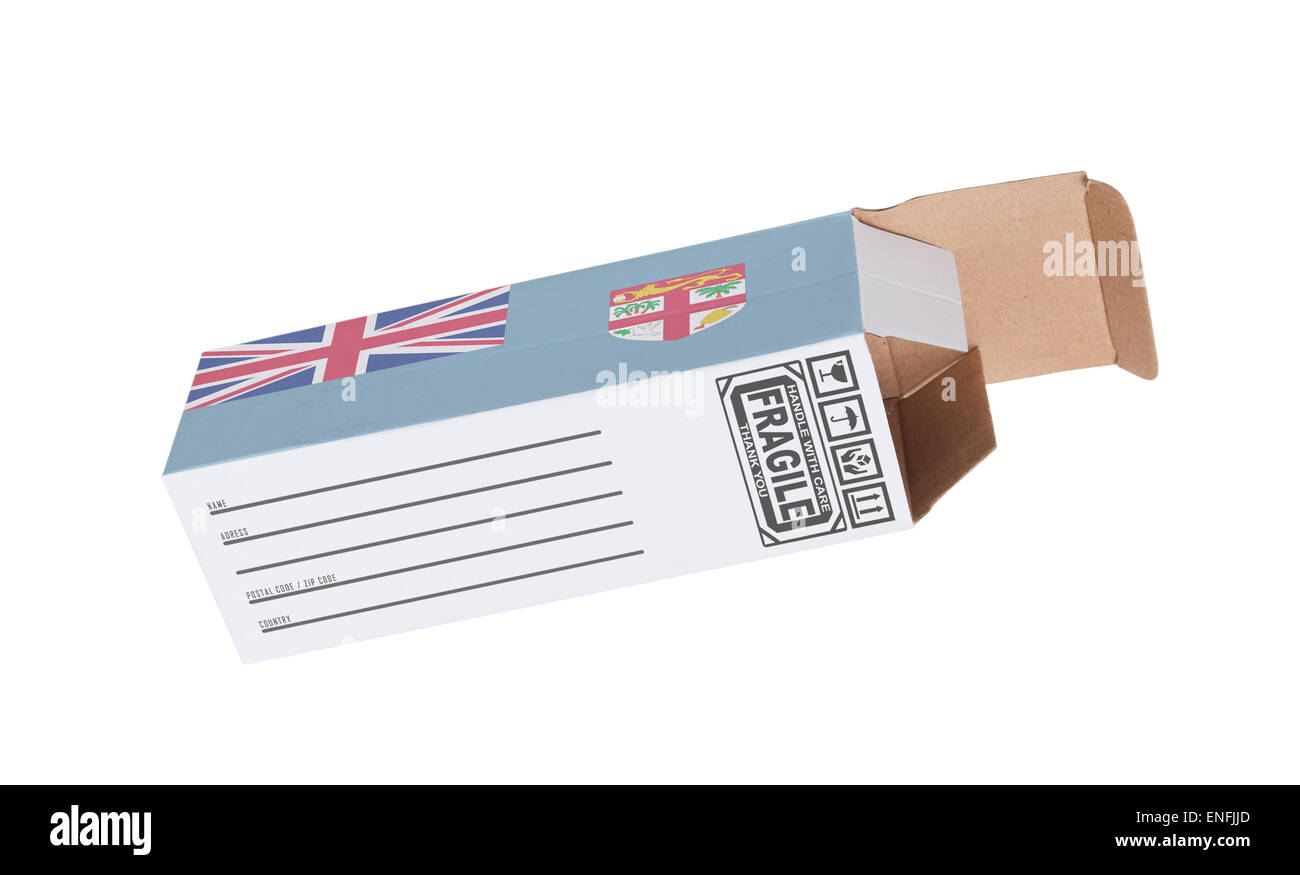 Concept of export, opened paper box - Product of Fiji Stock Photo
