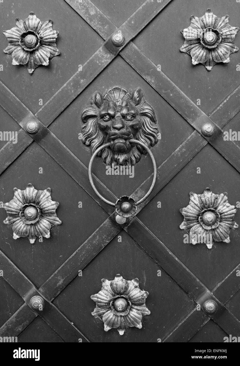 lion doorknocker with ring on metal door Stock Photo