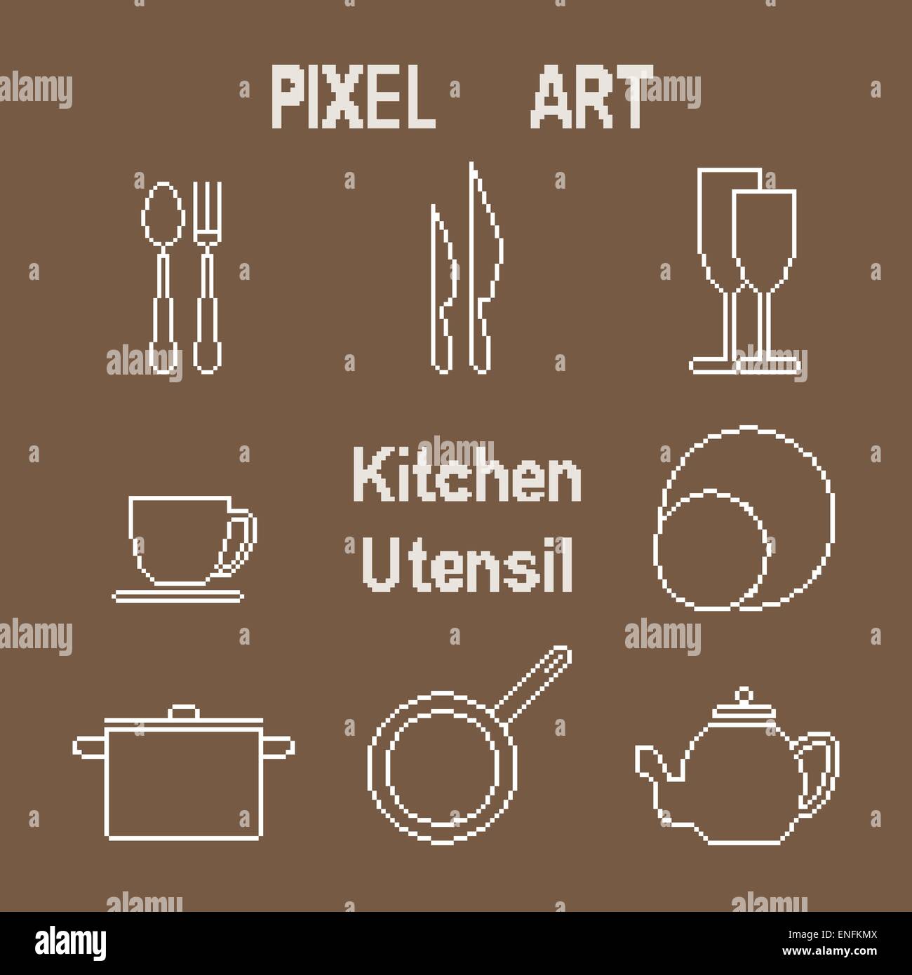 Vector icons set of kitchen utensil in monochrome pixel art style Stock ...