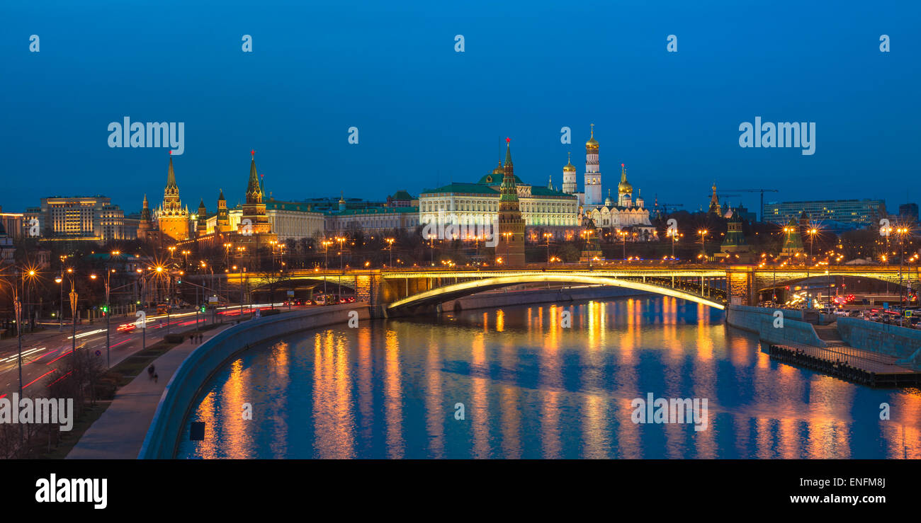 Night panoramic view of Moscow Kremlin, Russia Stock Photo