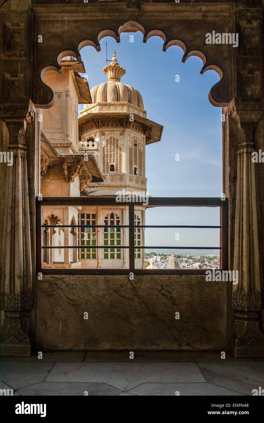 Looking out a window at the city palace of the Maharaja, Udaipur, Rajasthan, India Stock Photo