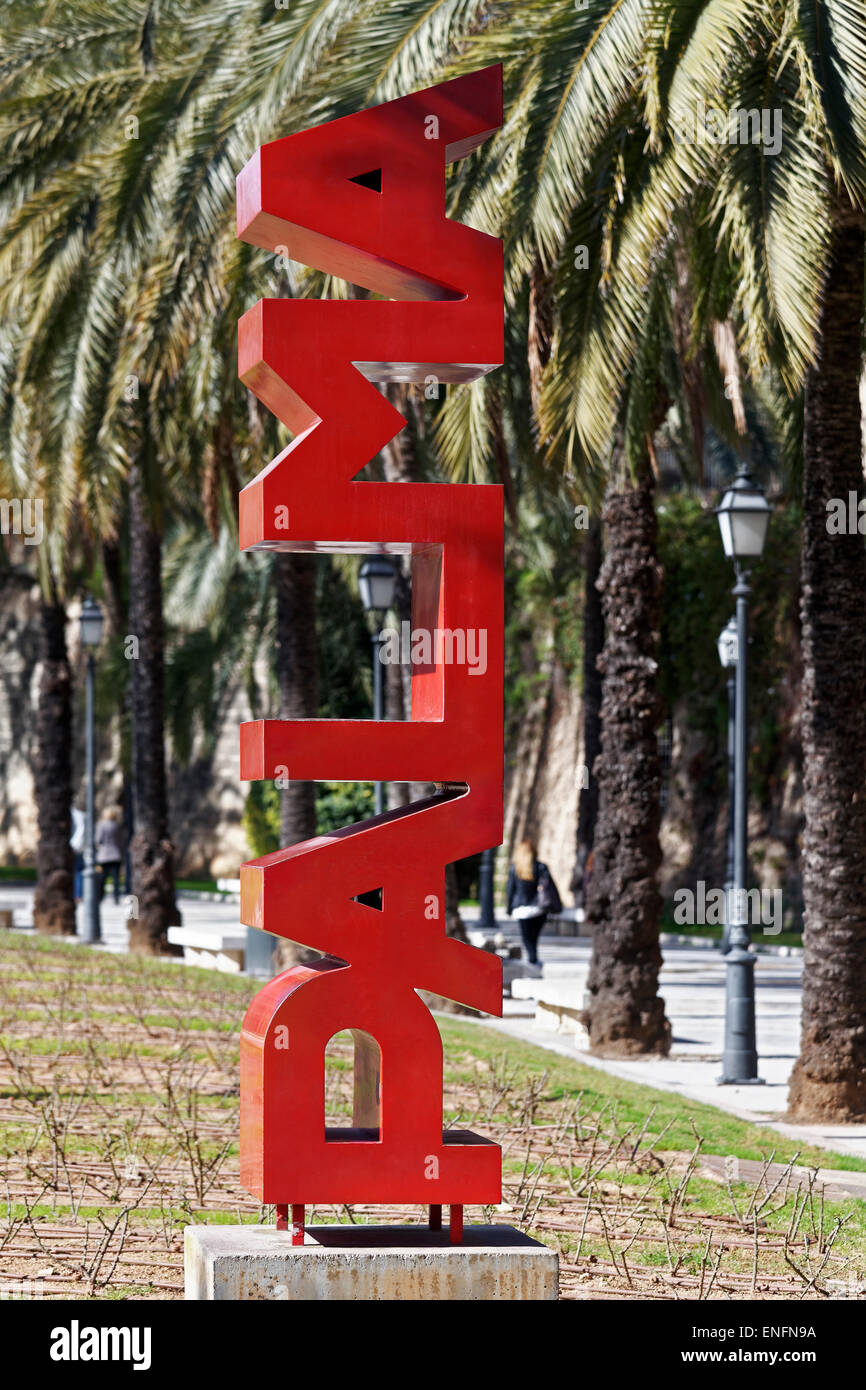 Palma letters sculpture in red, by Josep Llambías, Avingude de Gabriel Roca, Palma de Majorca, Majorca, Balearic Islands, Spain Stock Photo