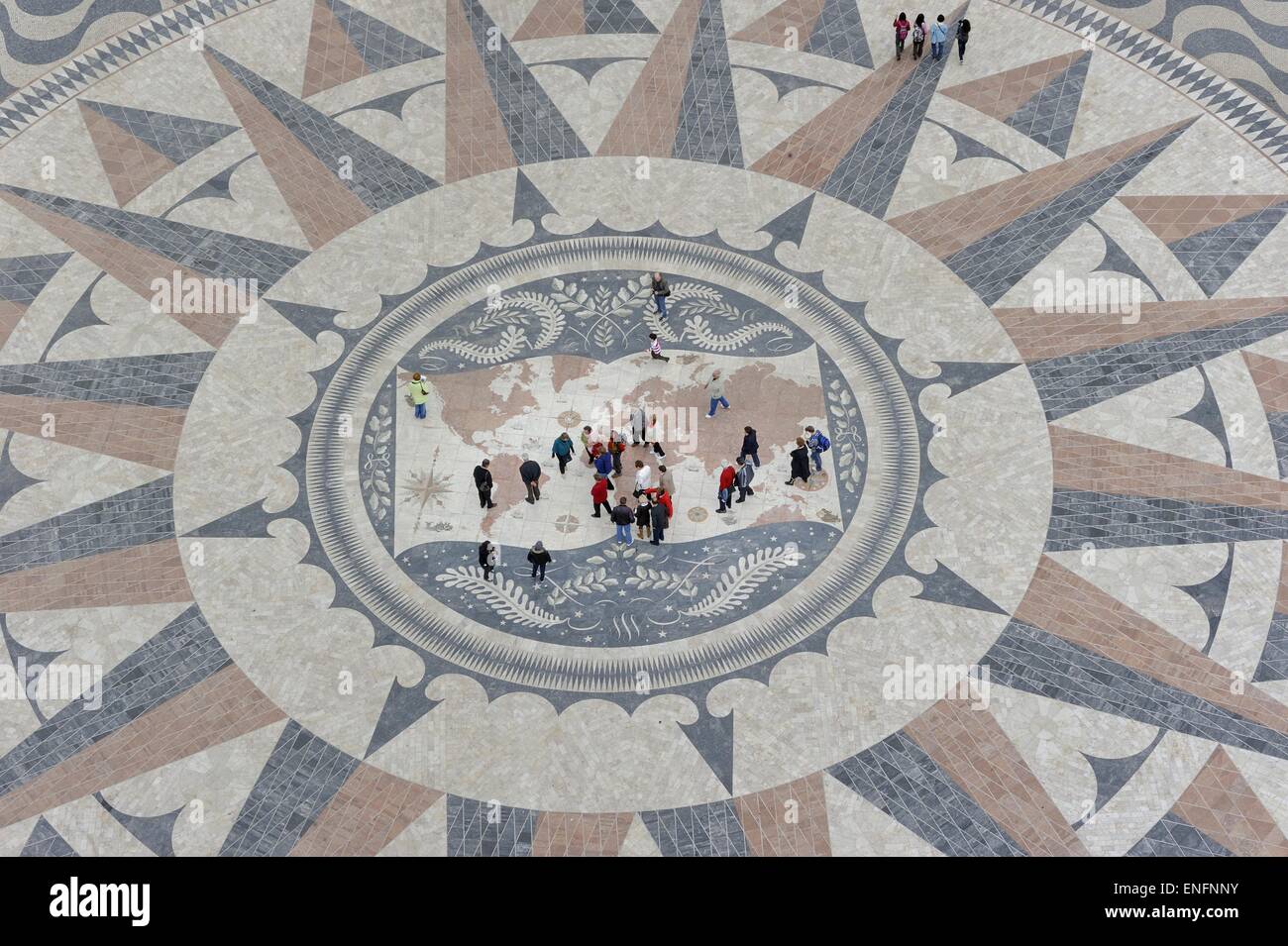 Compass rose with world map in the pavement in front of the Padrao dos Descobrimentos, Monument to the Discoveries, Belem Stock Photo