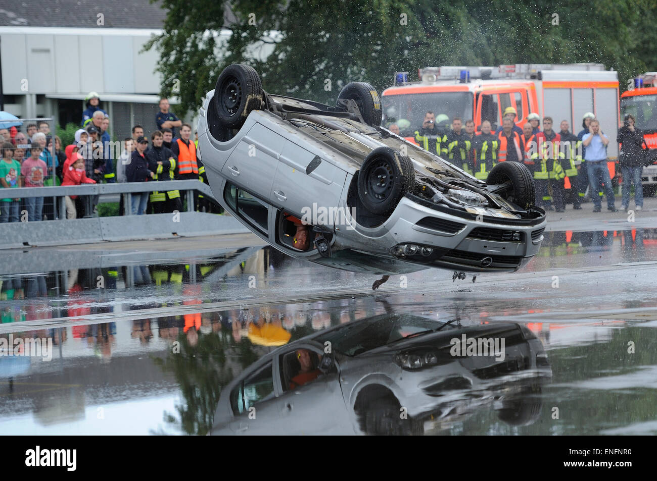 Car rollover test, Bensberg, Bergisch Gladbach, North Rhine-Westphalia, Germany Stock Photo