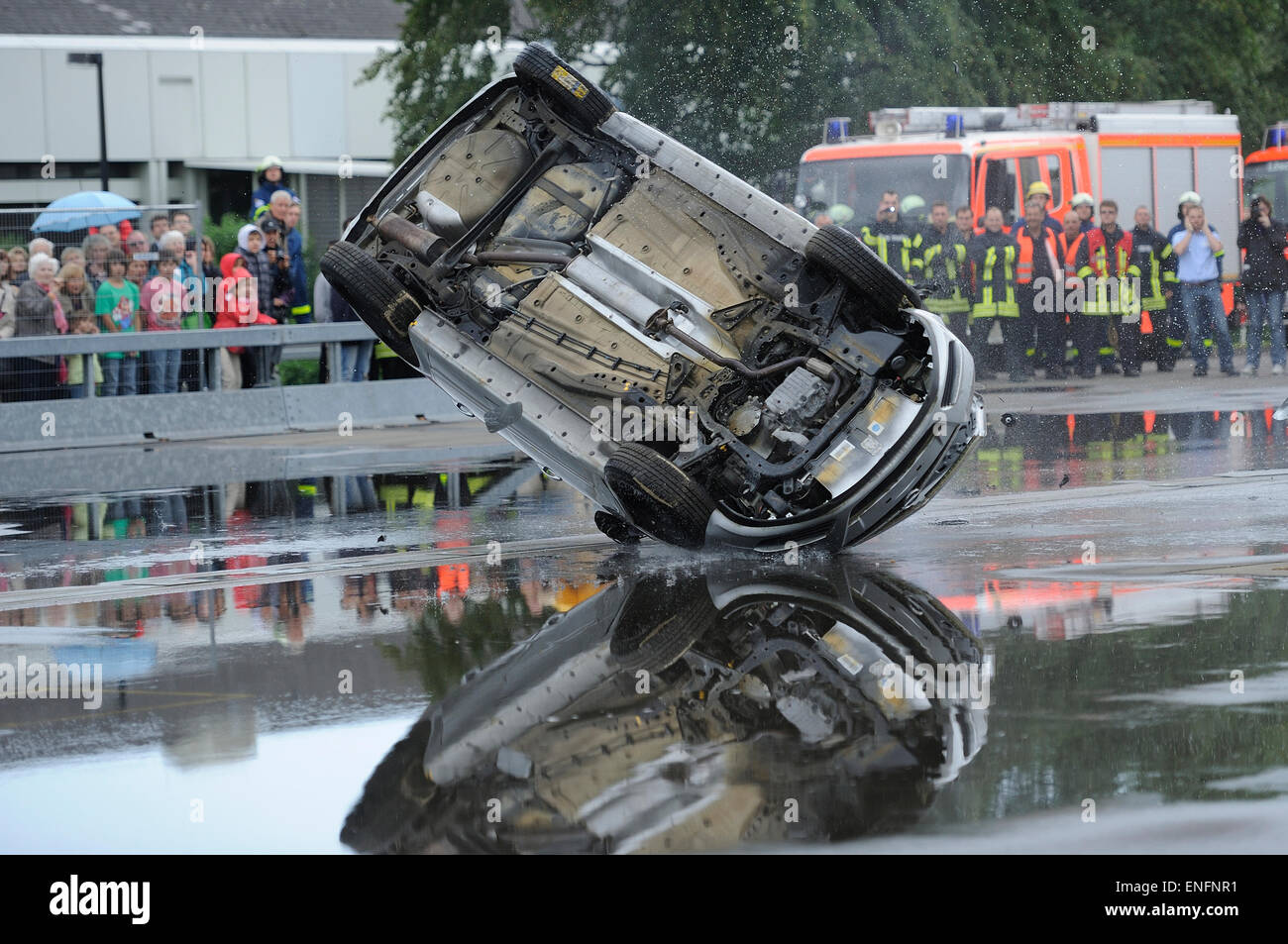 Car rollover test, Bensberg, Bergisch Gladbach, North Rhine-Westphalia, Germany Stock Photo