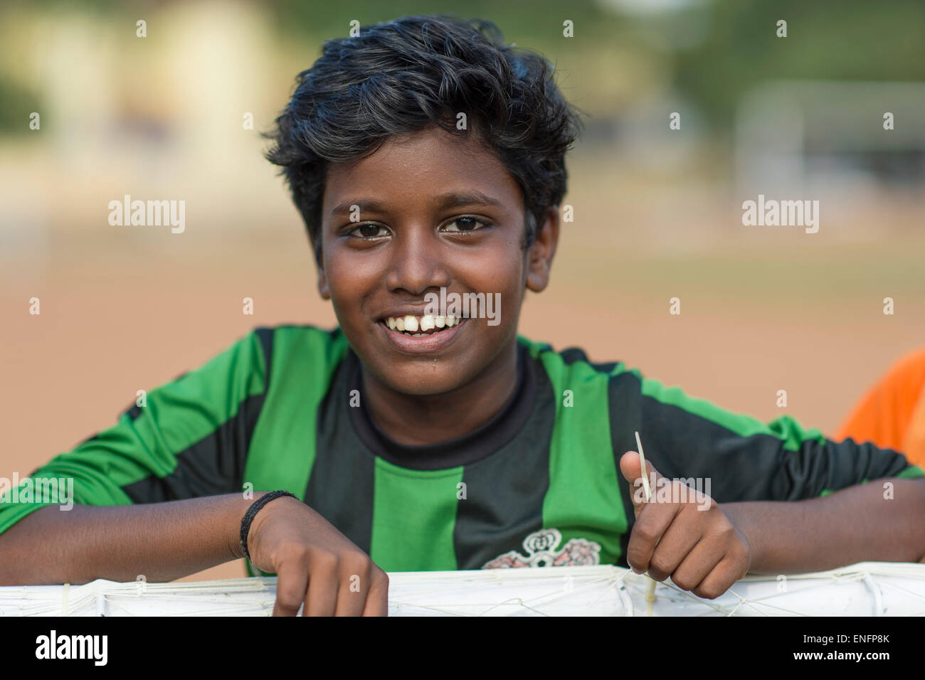 Boy, laughing, football jersey, Kochi, Cochin, Kerala, India Stock Photo