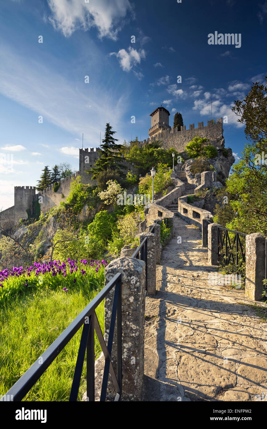 San Marino. Image of castle in San Marino during sunny spring day. Stock Photo
