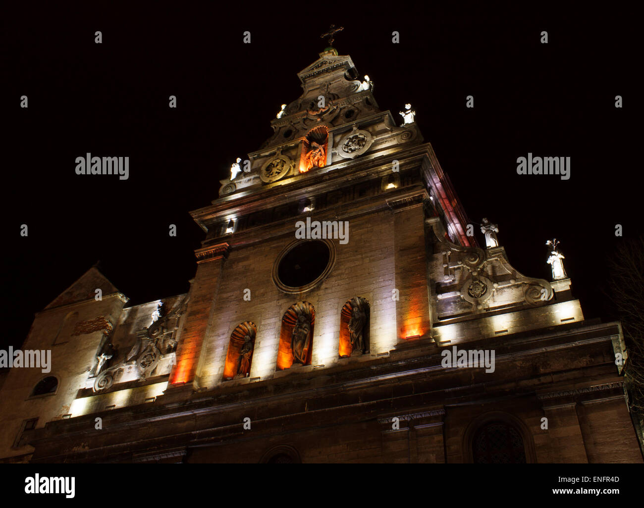 detail of Bernardine Church in Lviv at night Stock Photo