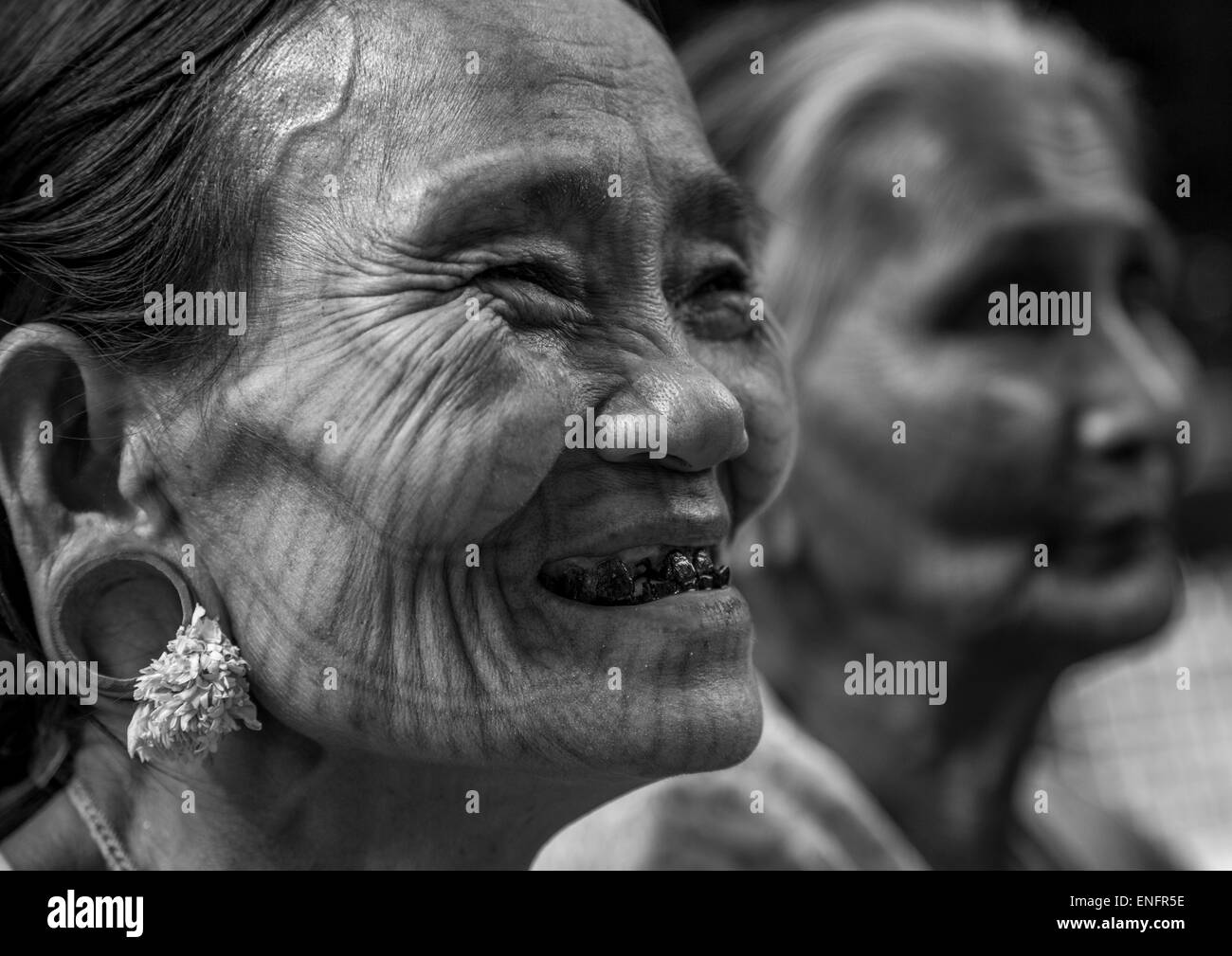 Tribal Chin Women With Spiderweb Tattoo On The Faces, Mrauk U, Myanmar Stock Photo