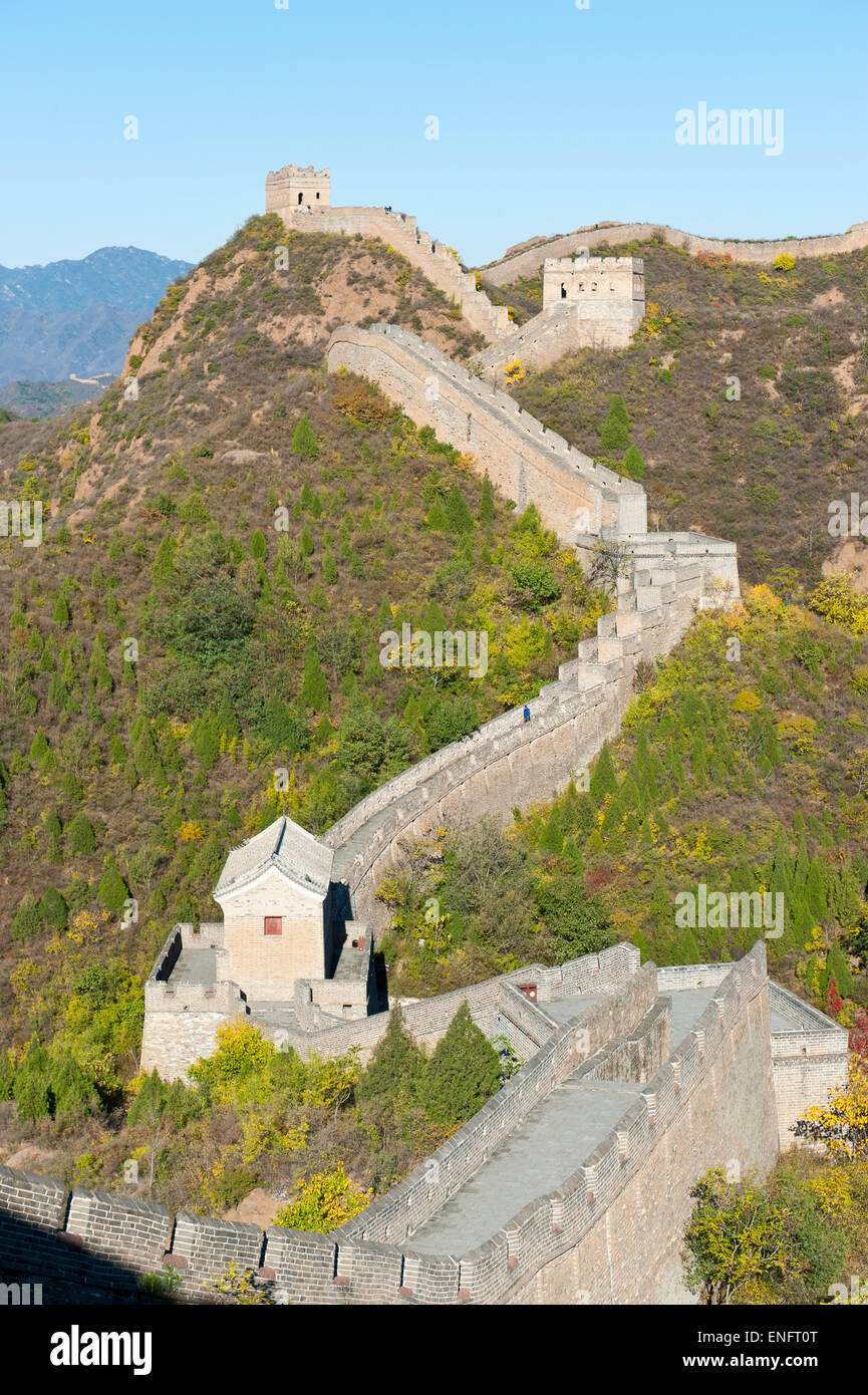 Great Wall of China, historical border fortress, restored section with watchtowers, winding through the mountains, Jinshanling Stock Photo