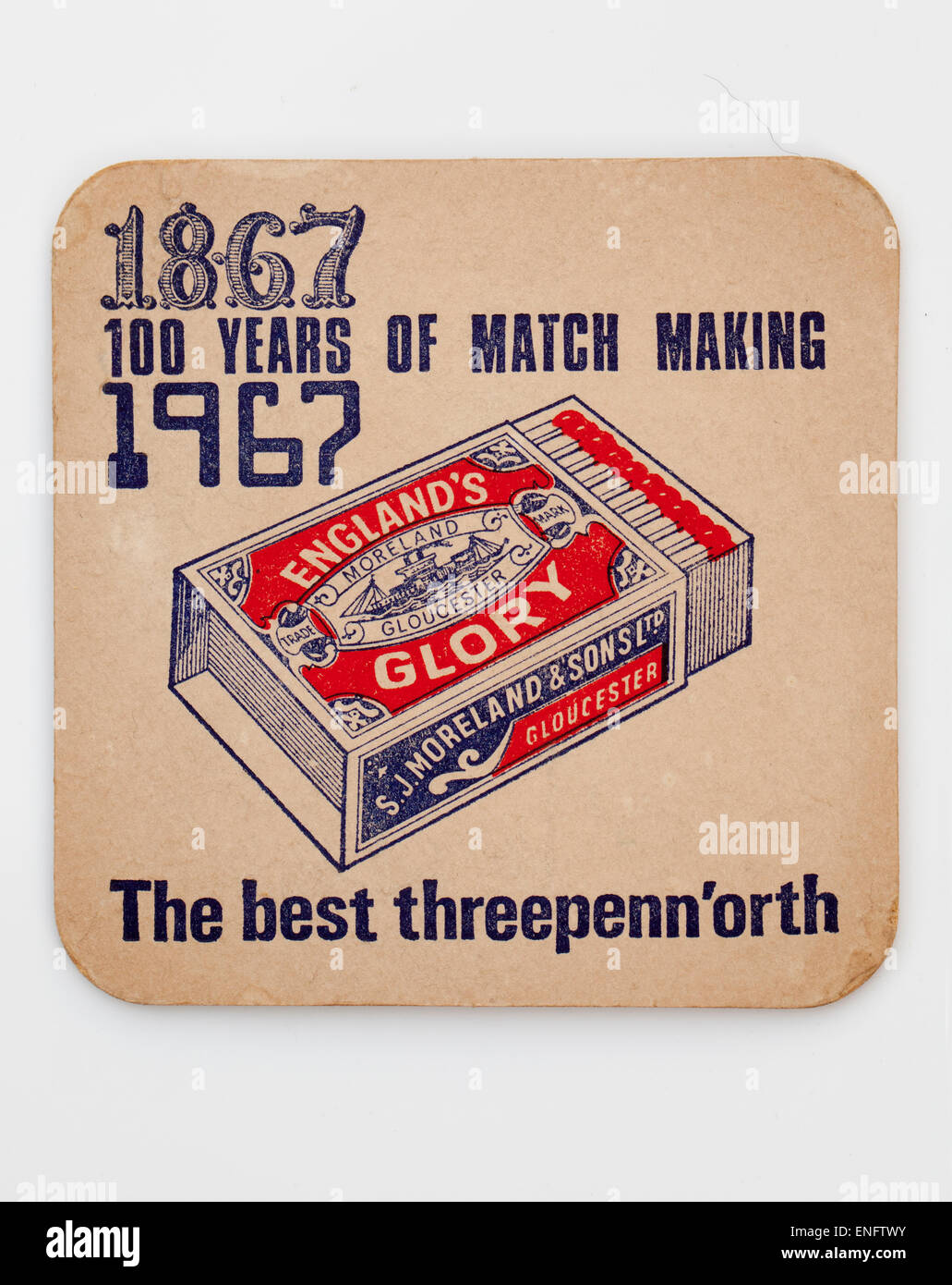 Old or Vintage Beer Mat advertising Englands Glory Matches Stock Photo