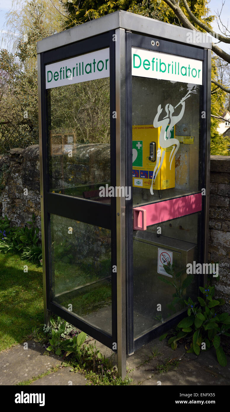 Community phone box converted into a community defibrillator Stock