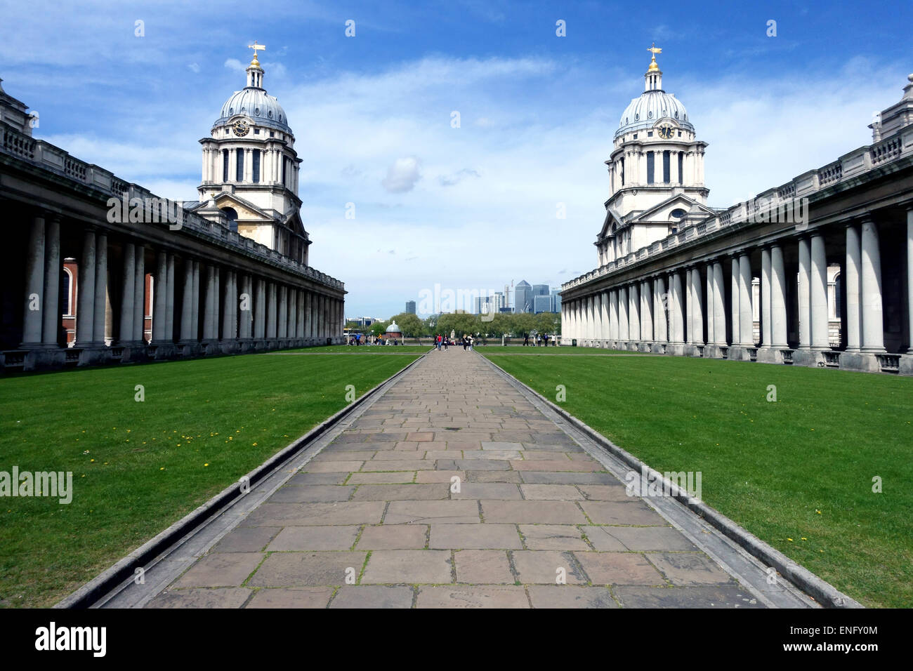 Old Royal Naval College, Greenwich, London with Canary Wharf in distance Stock Photo
