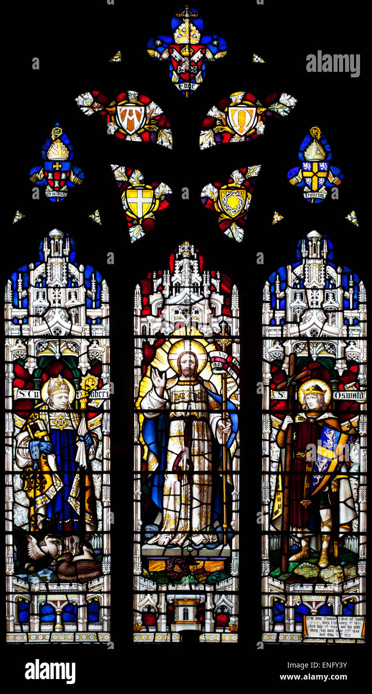 East Window at St Cuthberts Church Amble with St Cuthbert and Eider